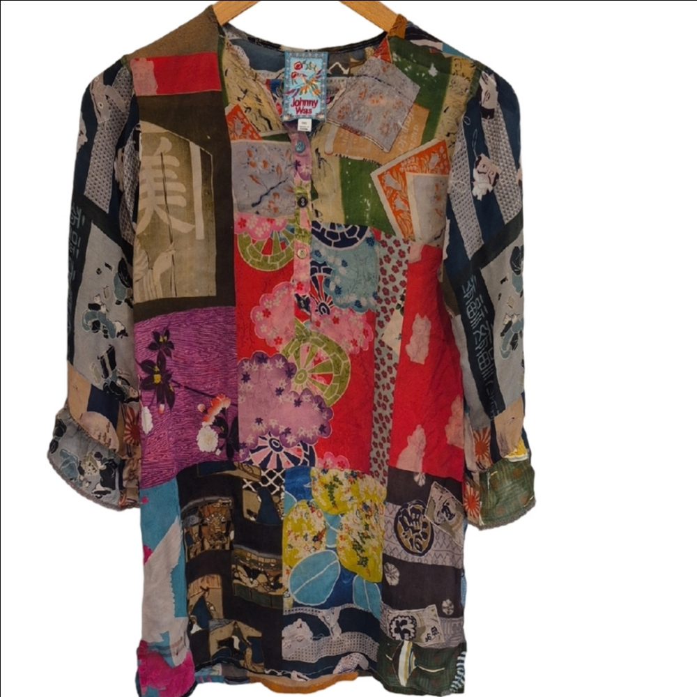 Johnny Was Vera Bohemian Multicolor Embroidered Patchwork Tunic